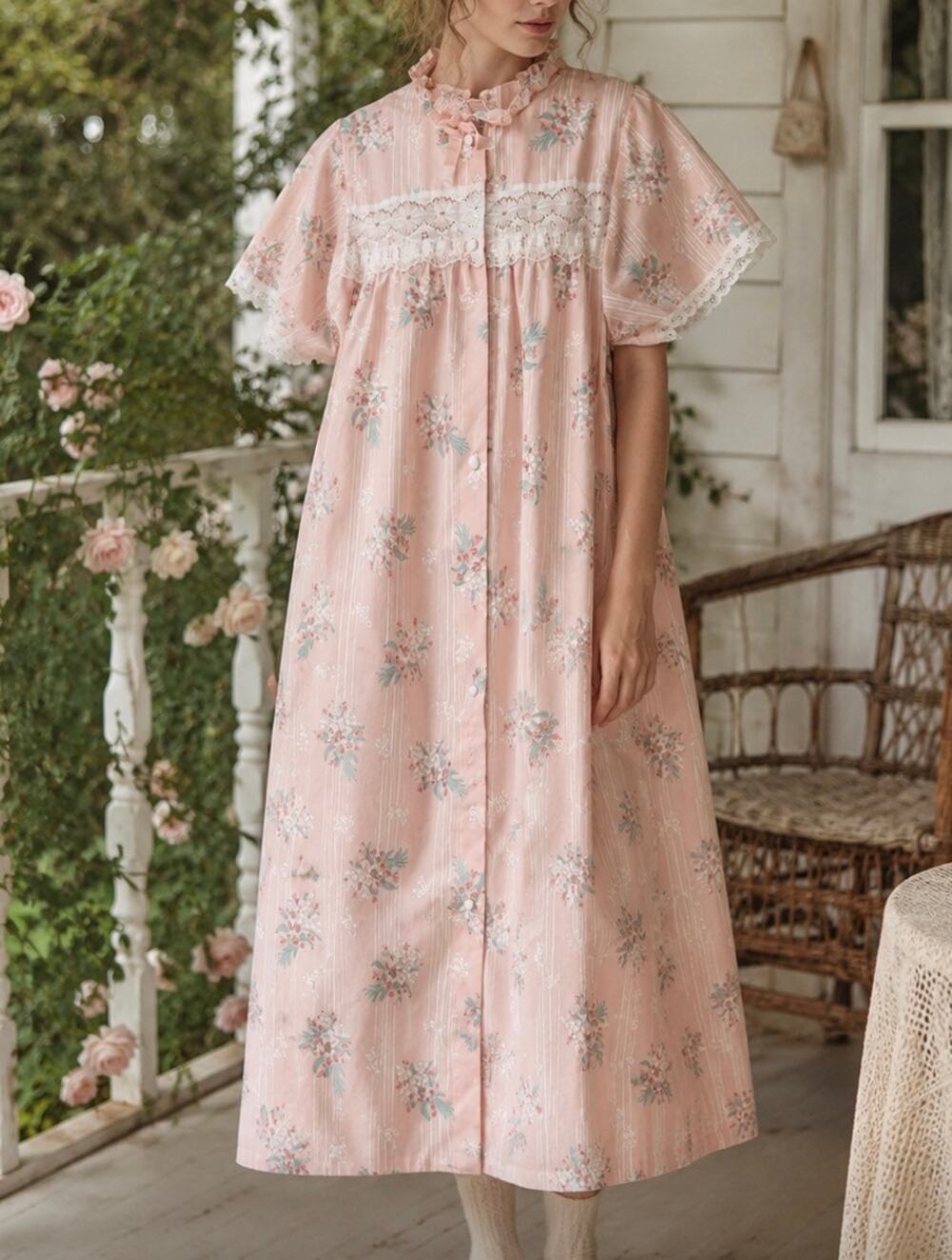 Vintage Ballet New York Pink Floral Nightgown Lace Yoke Short Sleeve Cottagecore - Picture 1 of 10